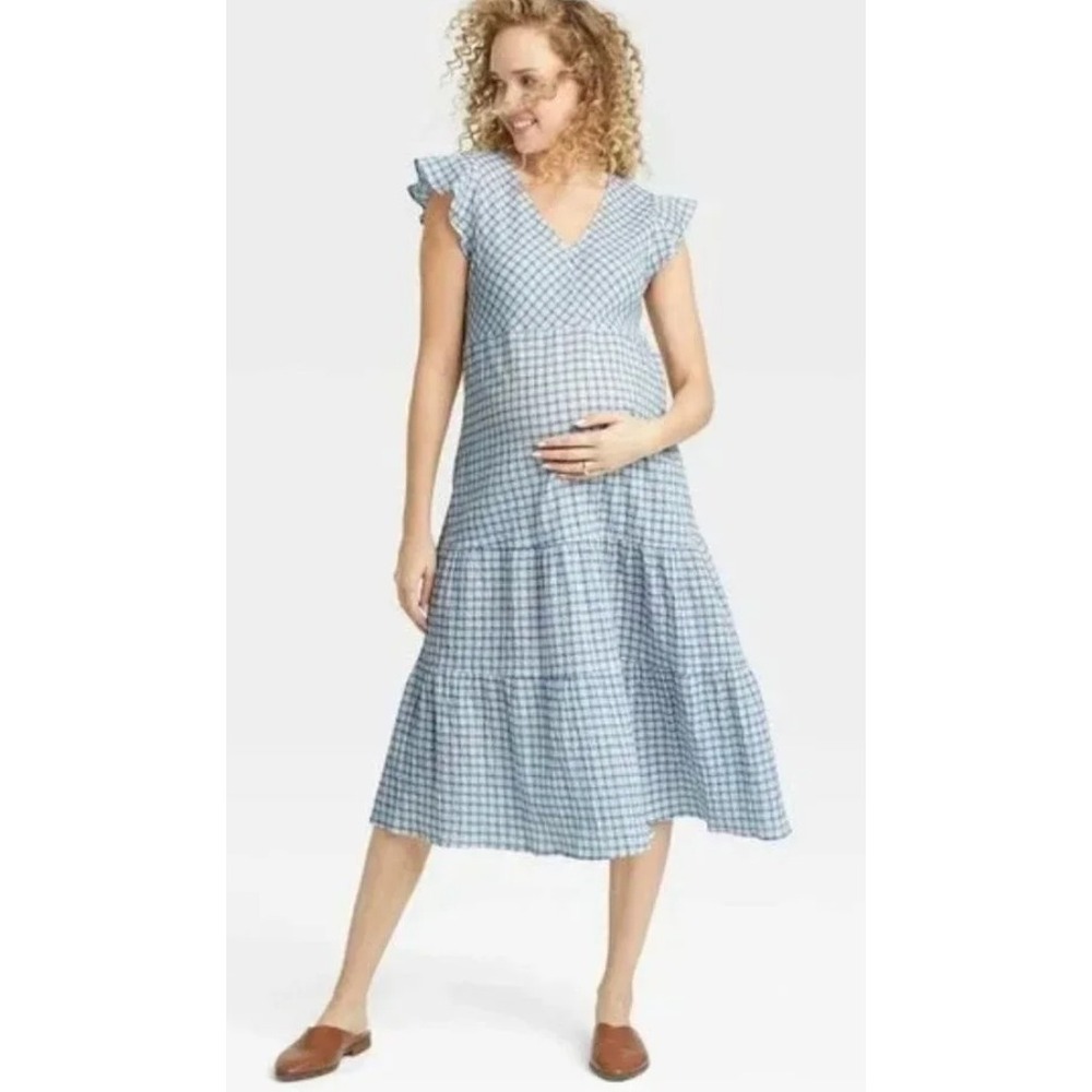 The Nines by Hatch Dress Women Medium Maternity Blue Gingham Flutter Sleeve Maxi